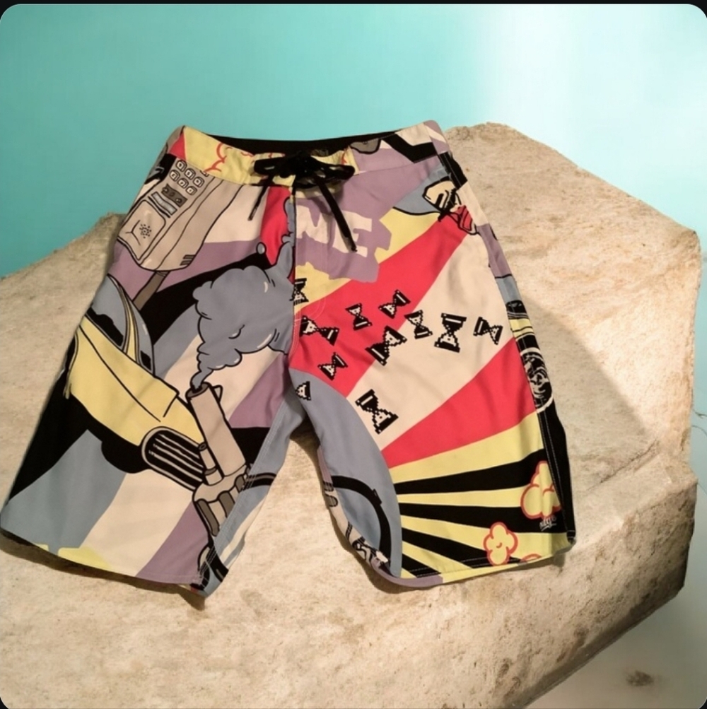 XDYE Board shorts cool artwork 3 pockets black beige yellow pink. Size 2…